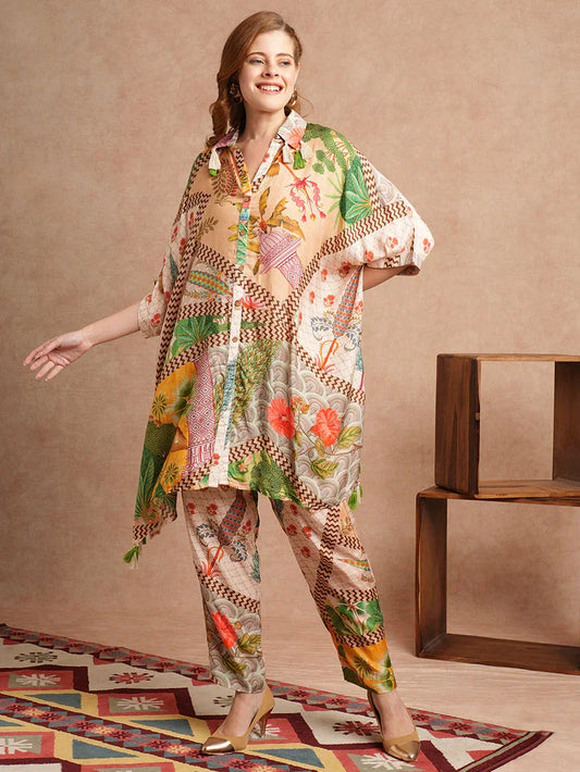 Traditional floral kaftan set with colorful patterns, flowing fabric, and intricate design details from roohanishop.