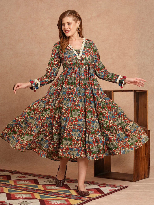 Ethnic animal print flared midi dress by roohanishop featuring a stylish, flowing silhouette and vibrant animal pattern.