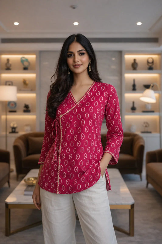 Pink handblock print Angrakha kurti for women, pure cotton ethnic top with traditional design and intricate patterns.