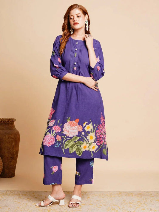 Flora Blue Cotton Kurta Set for Women - shoproohani