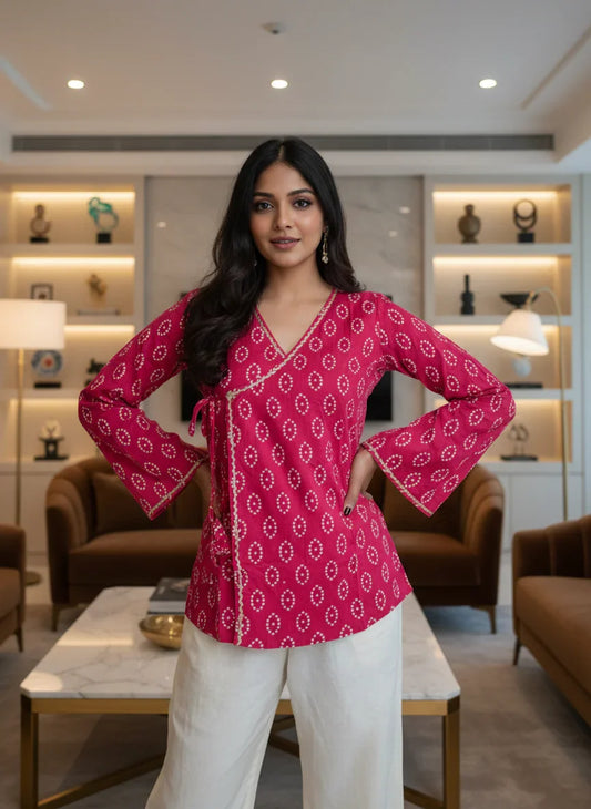 Pink handblock print Angrakha kurti for women, pure cotton ethnic top with intricate designs and traditional style.