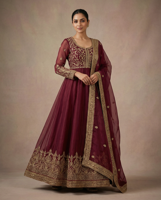 Hyper-realistic image of Shaahi Gulab Anarkali dress with matching dupatta from Roohanishop, showcasing intricate embroidery and vibrant fabric.