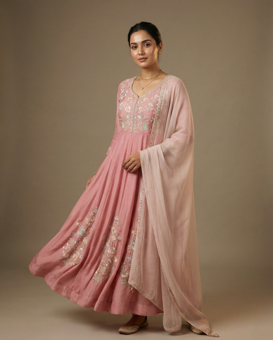 Hyper-realistic image of Shaahi Gulab Anarkali with Dupatta by Roohanishop, showcasing intricate embroidery and vibrant fabric details.