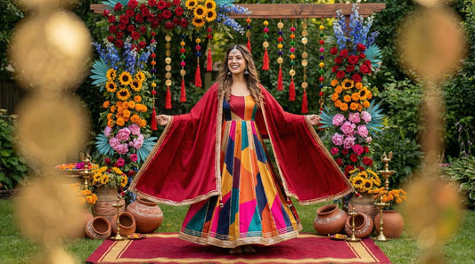 Multicolor Geometric Anarkali Lehenga with Red Dupatta - shoproohani