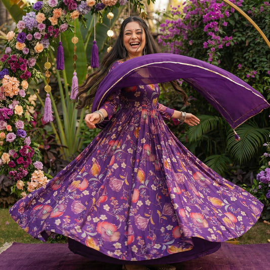 Purple Floral Anarkali Gown with Dupatta - shoproohani