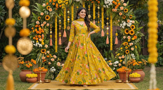 Yellow Floral Anarkali Gown with Dupatta - shoproohani