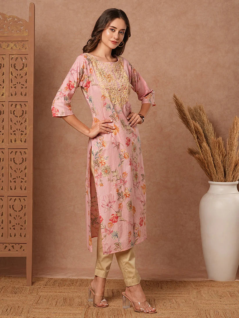 Floral Resham and sequins embroidered kurta in vibrant colors, showcasing intricate embroidery and elegant design.