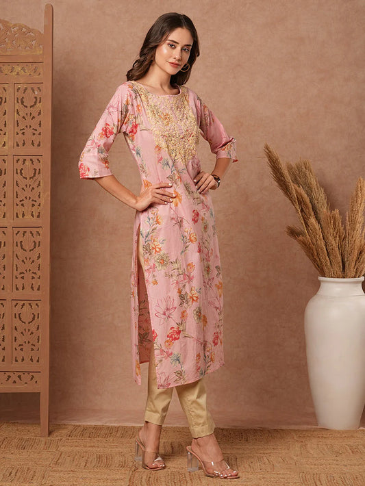 Floral Resham and sequins embroidered kurta in vibrant colors, showcasing intricate embroidery and elegant design.