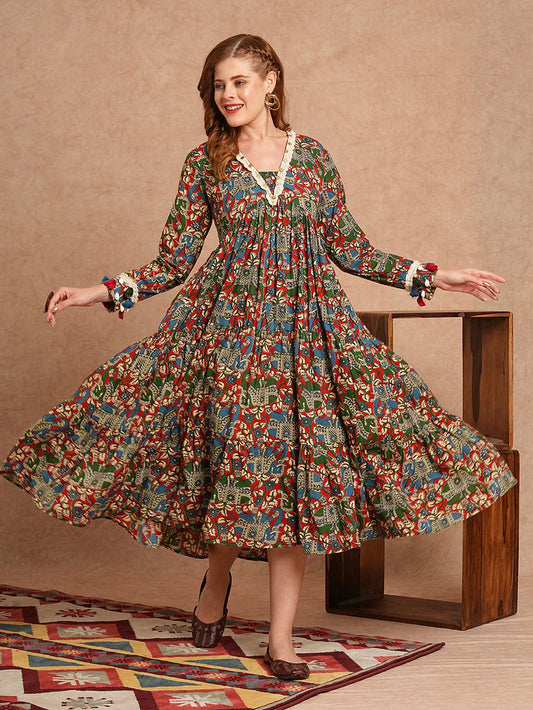 Ethnic animal print flared midi dress by roohanishop featuring a stylish, flowing silhouette and vibrant animal pattern.