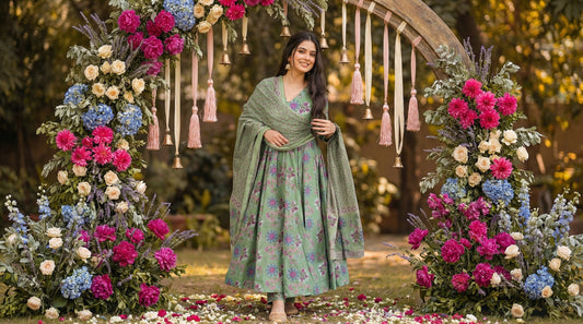 olive green anarkali