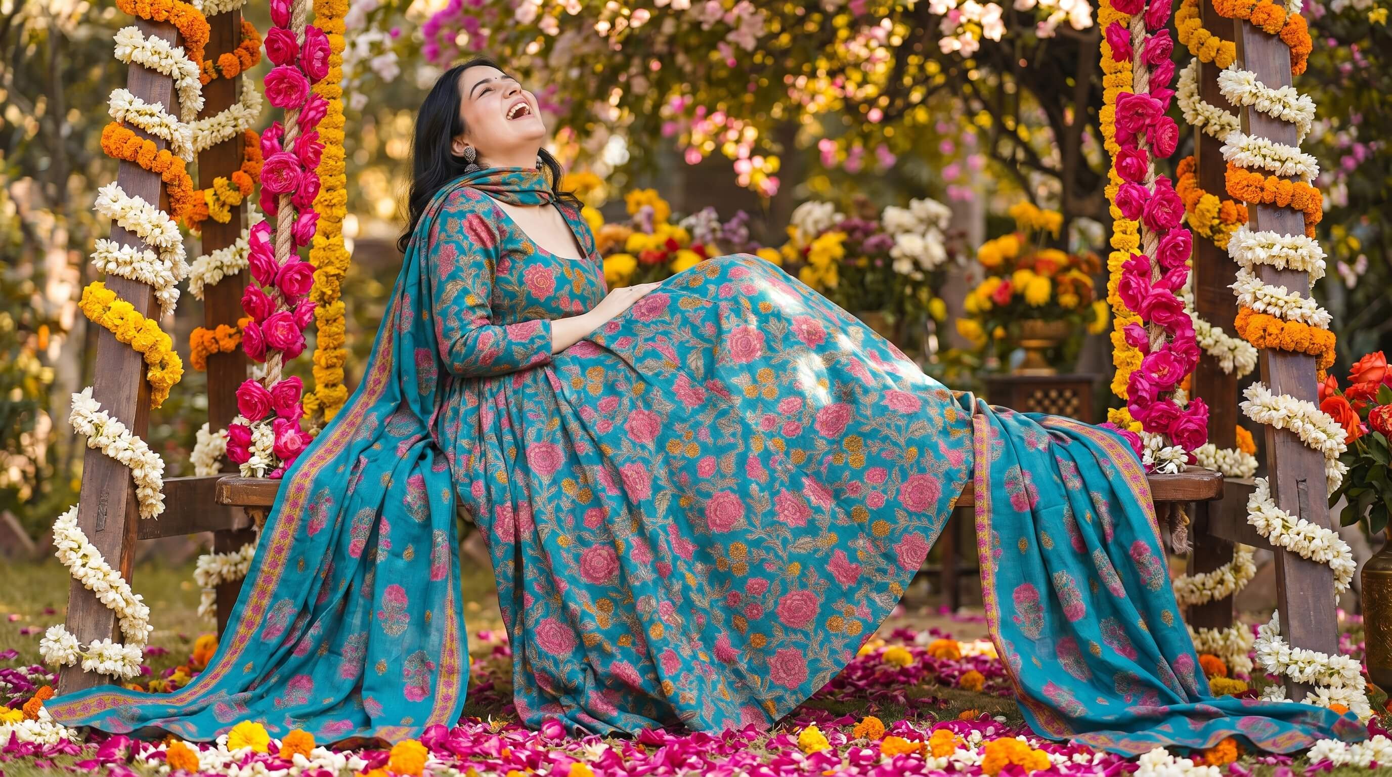 a women wearing skyblue floral anakrakli in garden 