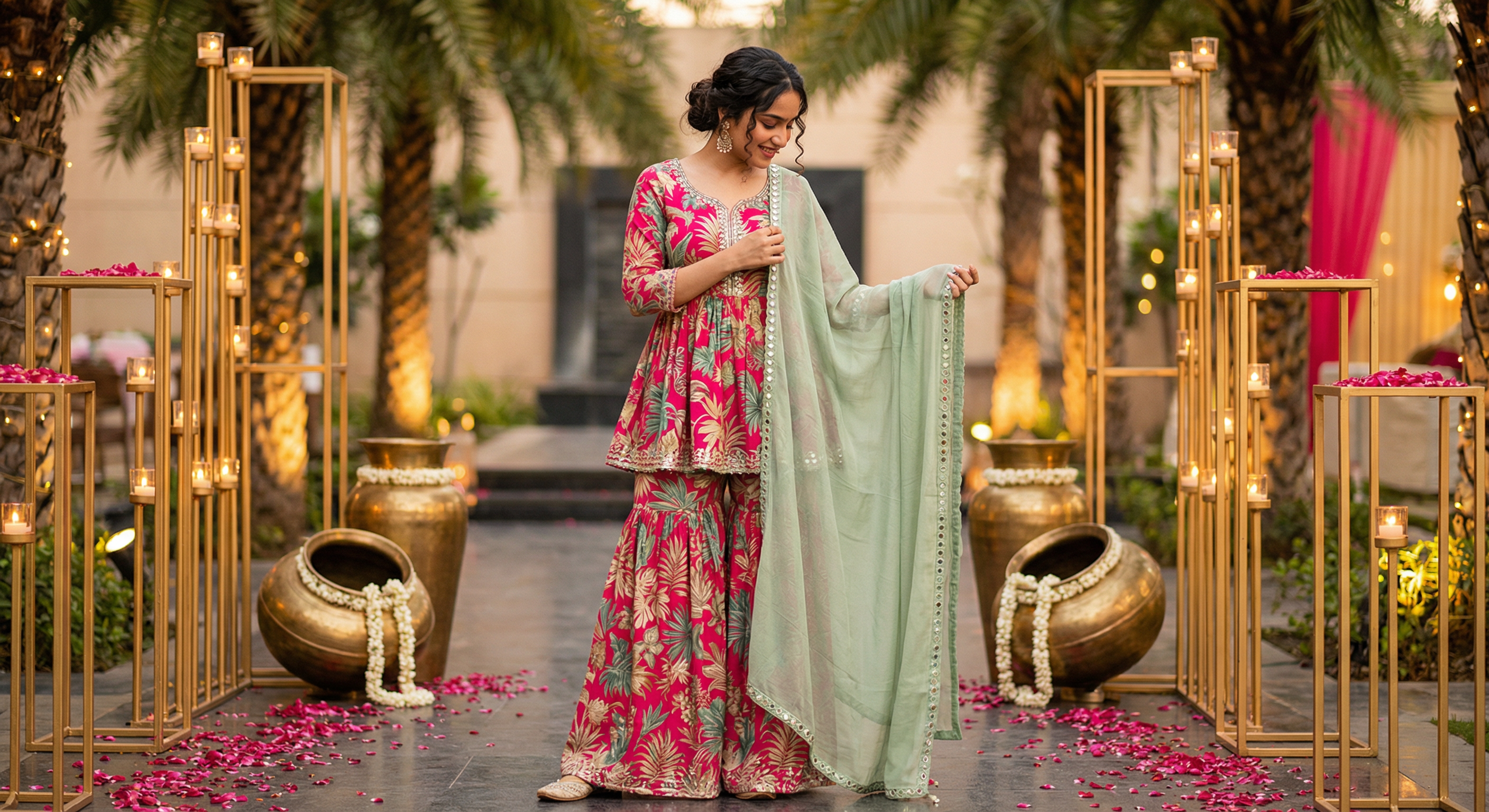 Woman in a floral outfit standing in front of decorative arches with gold frames and pots.