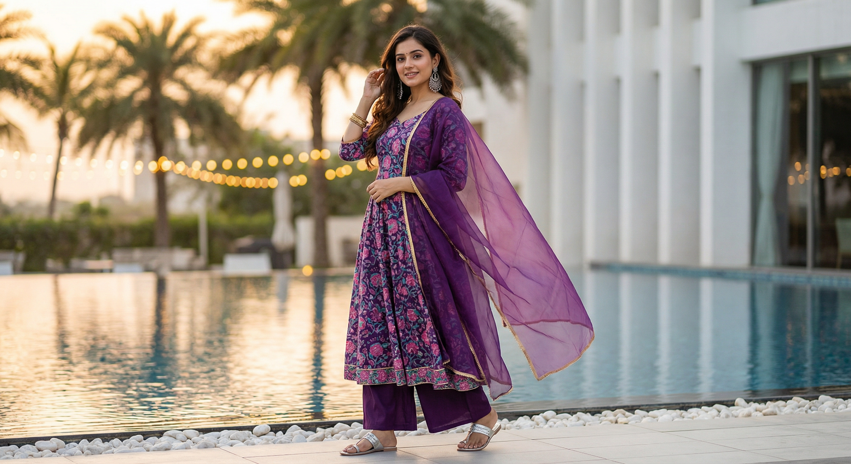 Woman in a purple traditional outfit standing by a pool with palm trees in the background