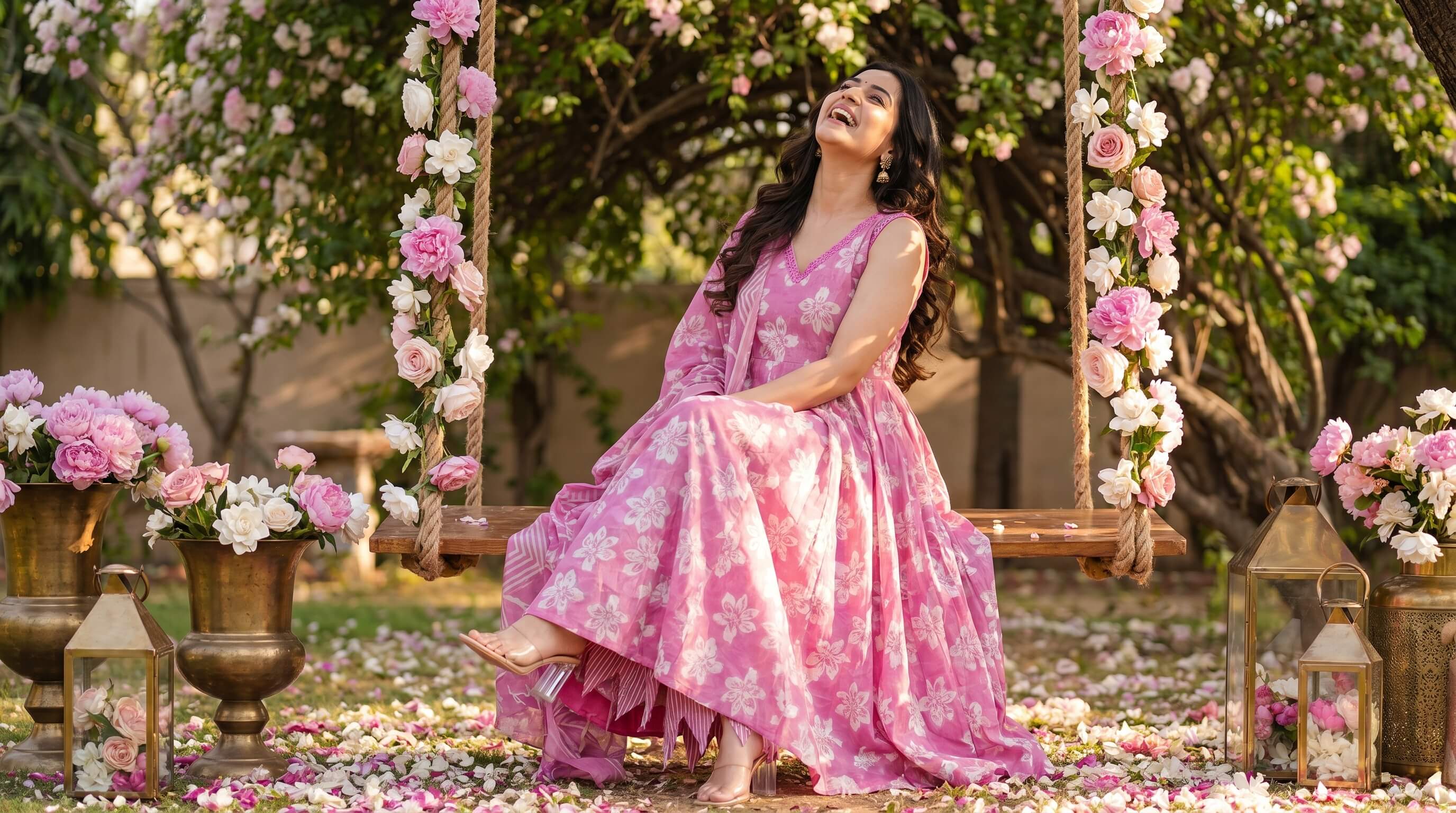 Woman in a pink floral dress sitting on a swing surrounded by flowers and lanterns.