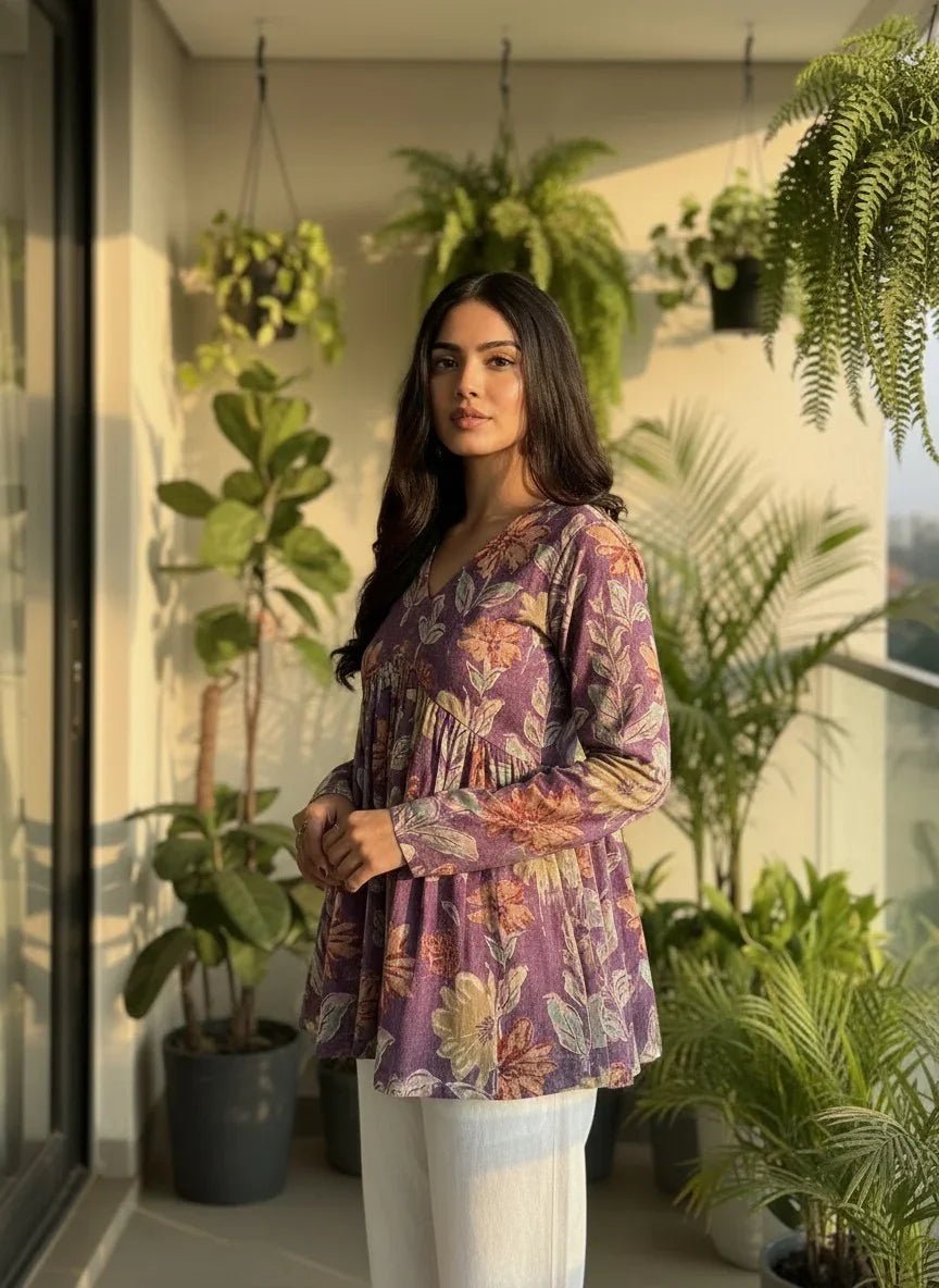 Boho - Chic Purple Floral Peplum Tunic – Elegant V - Neck Long Sleeve Cotton Top - shoproohani