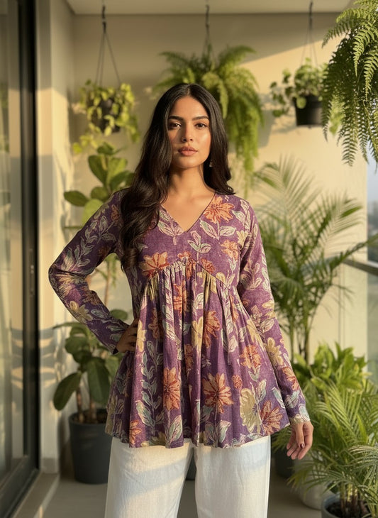 Purple floral boho-chic peplum tunic with V-neck and long sleeves, made of cotton, styled for an elegant look.