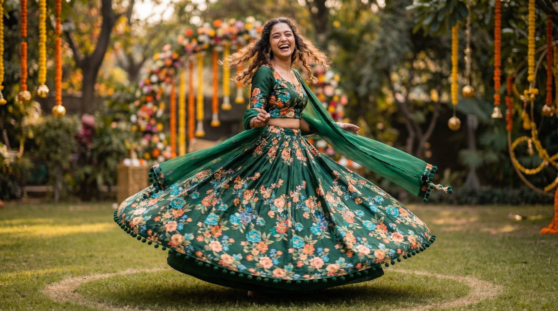 Emerald Green Floral Lehenga - shoproohani