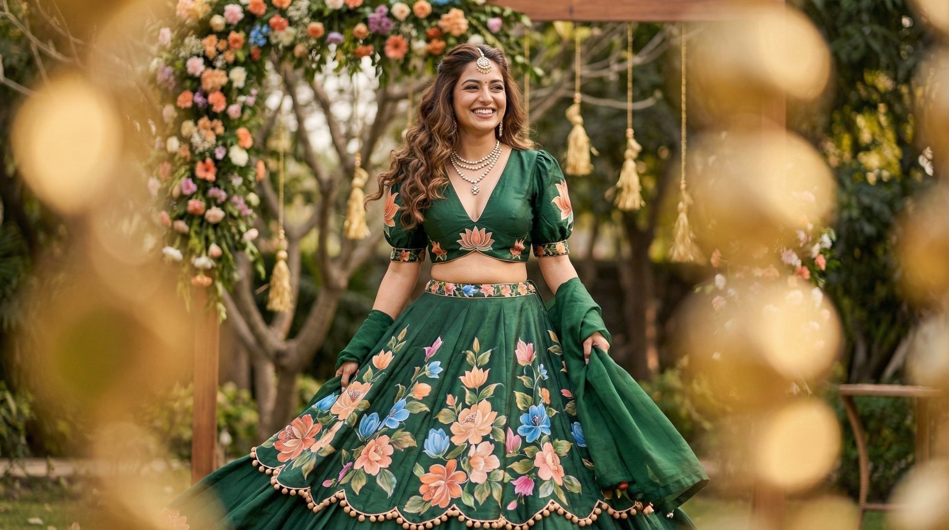 Emerald Green Floral Lehenga - shoproohani