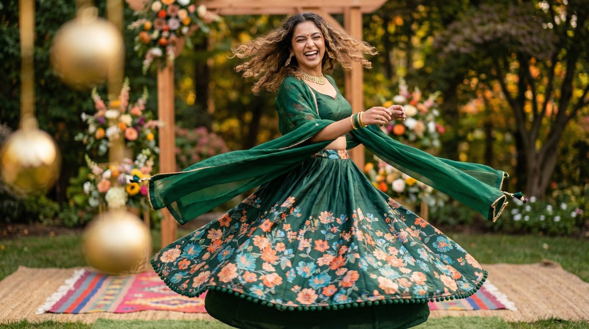 Emerald Green Floral Lehenga - shoproohani