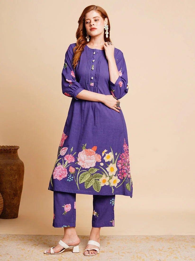 Flora Blue Cotton Kurta Set for Women - shoproohani