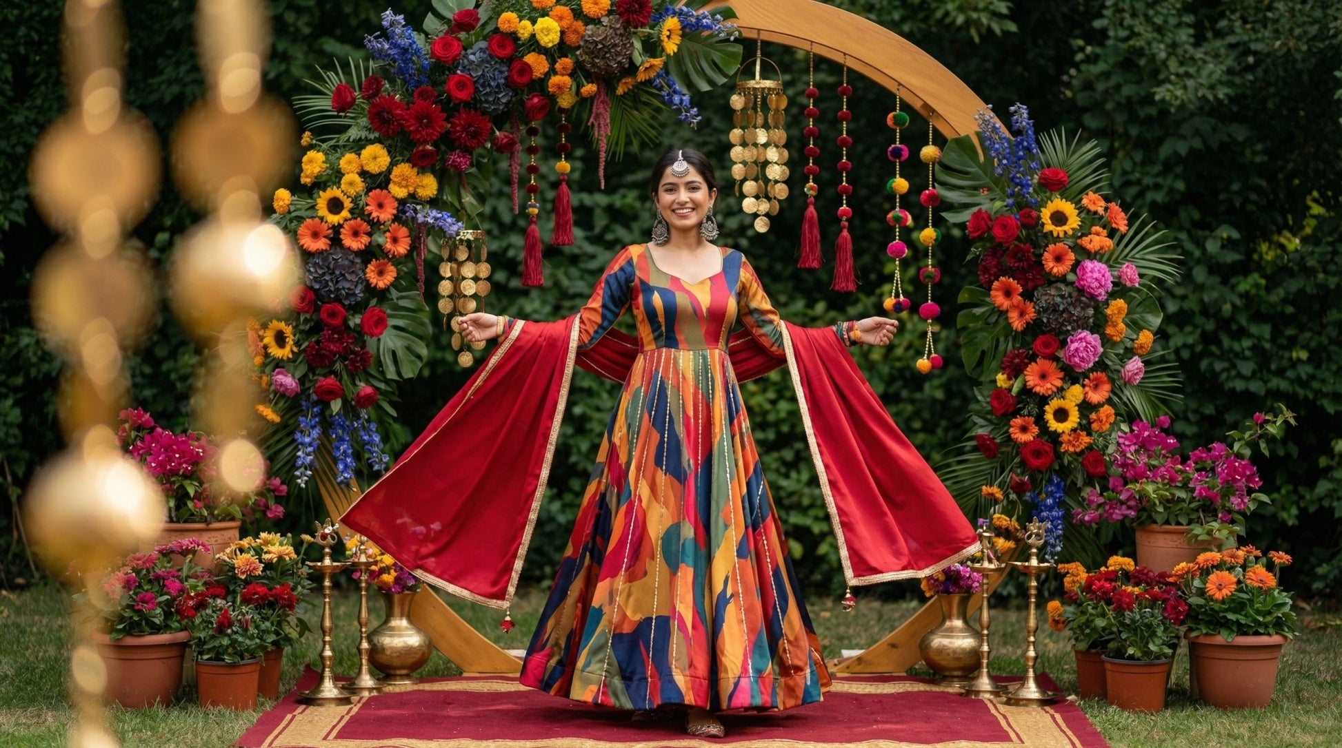 Multicolor Geometric Anarkali Lehenga with Red Dupatta - shoproohani