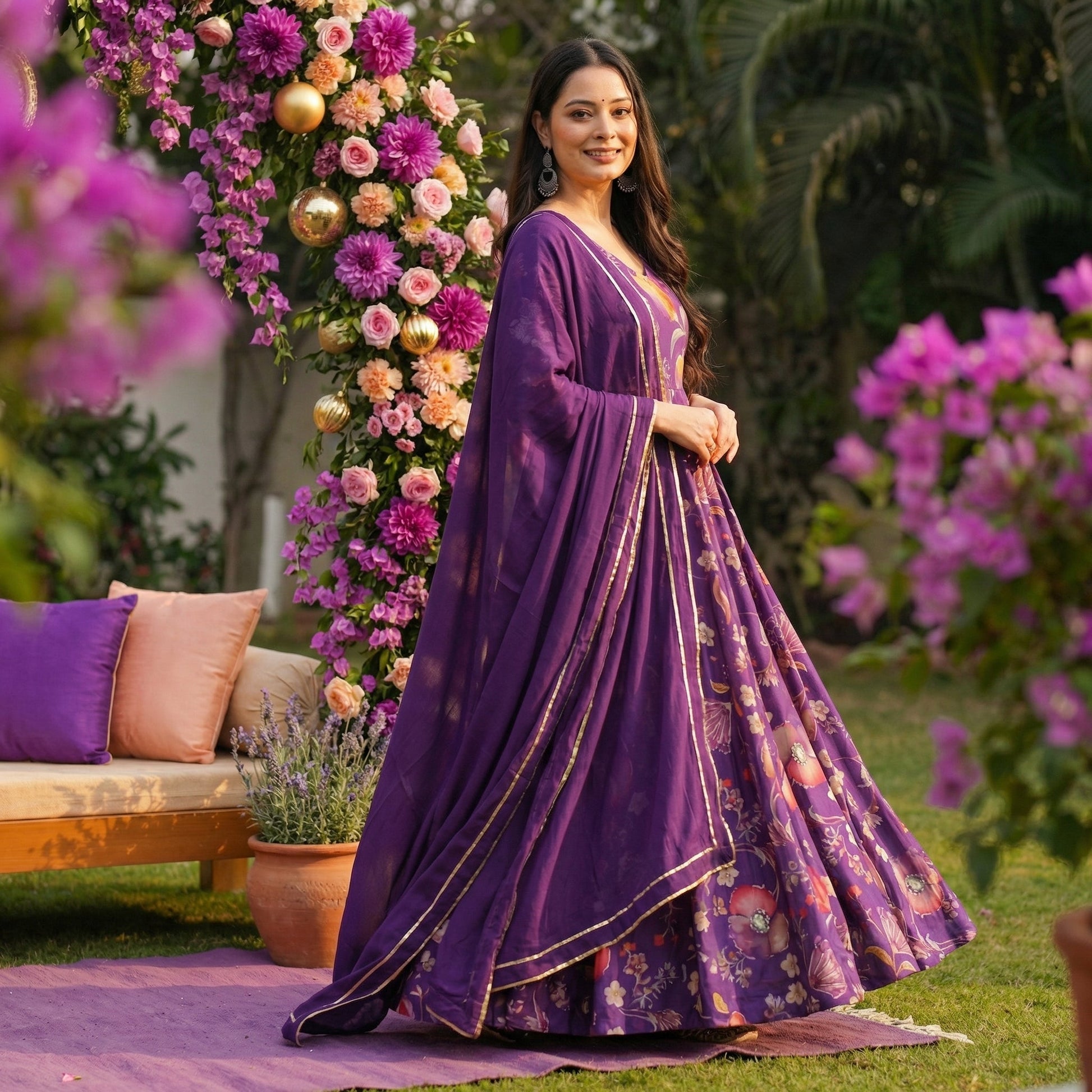 Purple Floral Anarkali Gown with Dupatta - shoproohani