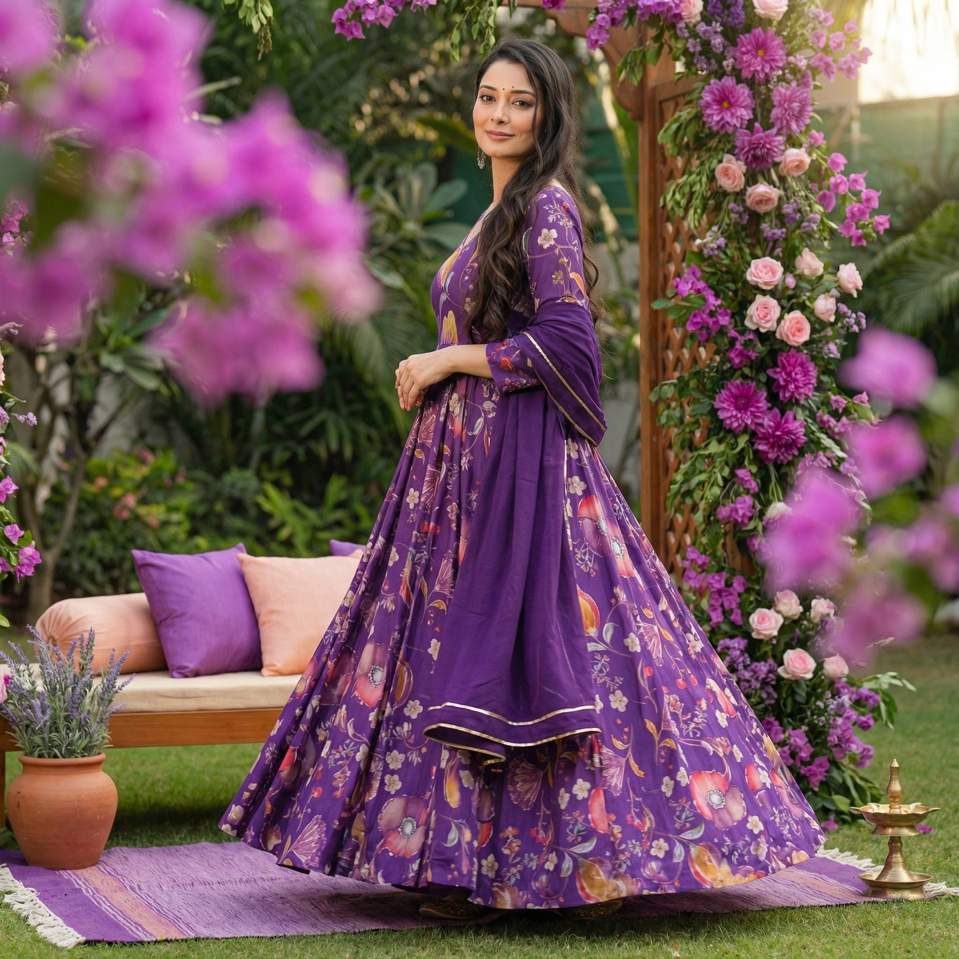 Purple Floral Anarkali Gown with Dupatta - shoproohani