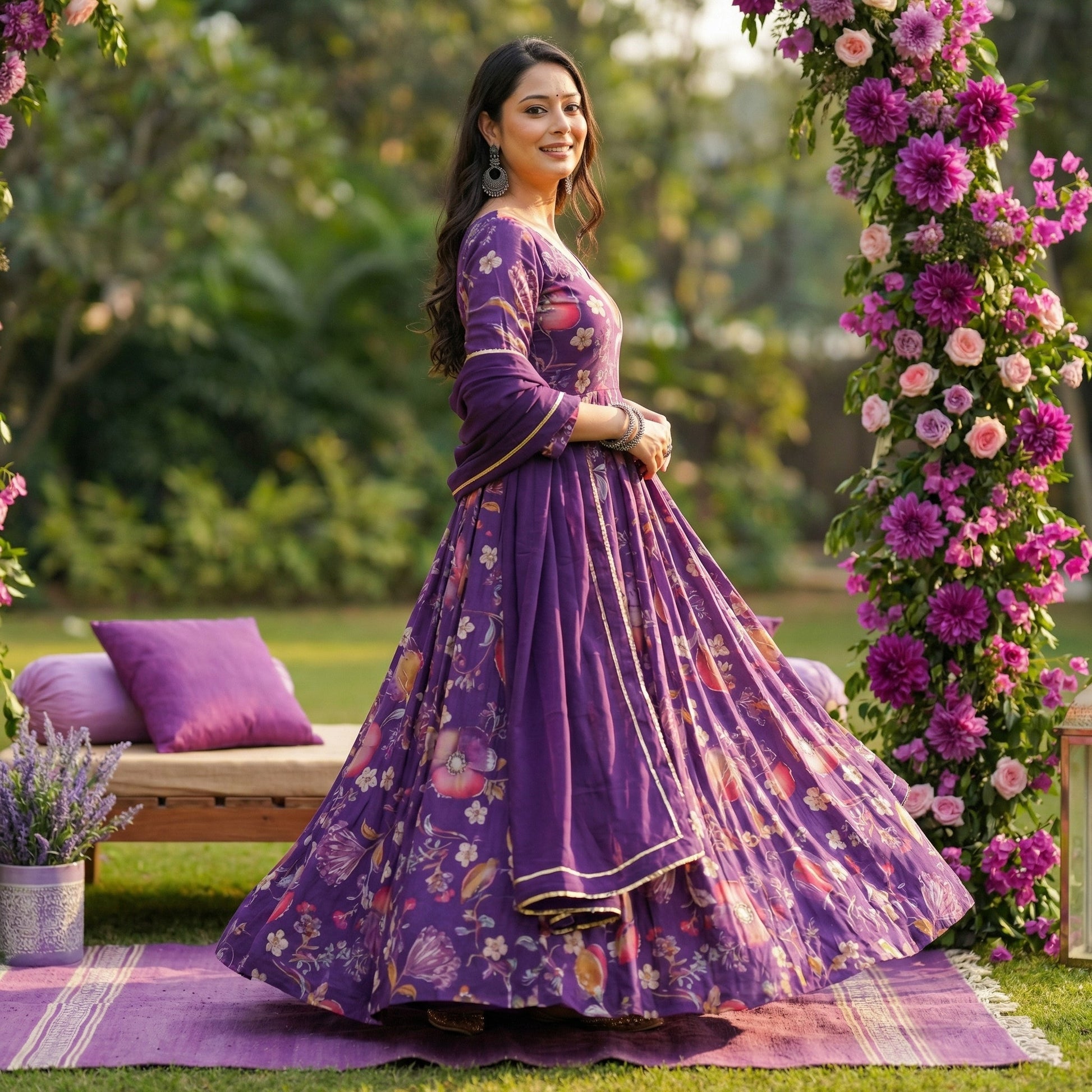 Purple Floral Anarkali Gown with Dupatta - shoproohani