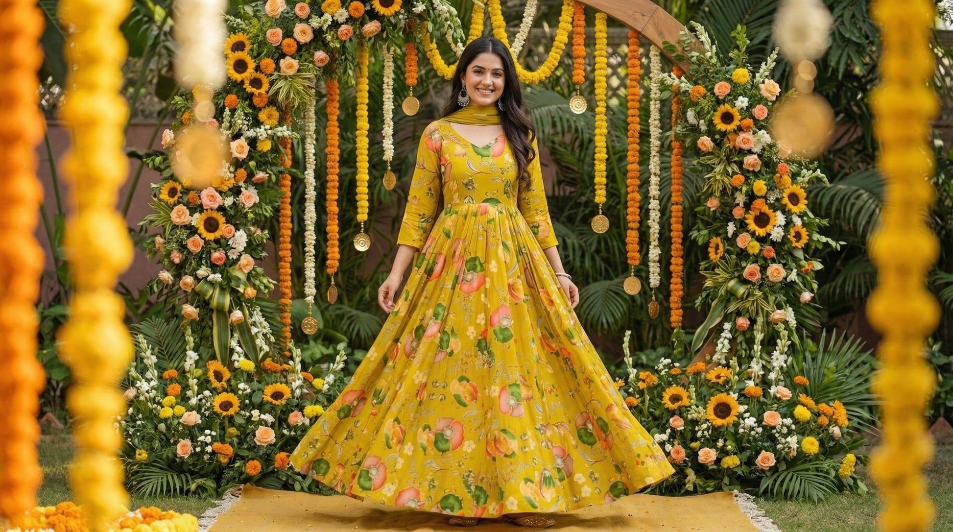 Yellow Floral Anarkali Gown with Dupatta - shoproohani