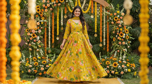 Yellow Floral Anarkali Gown with Dupatta - shoproohani